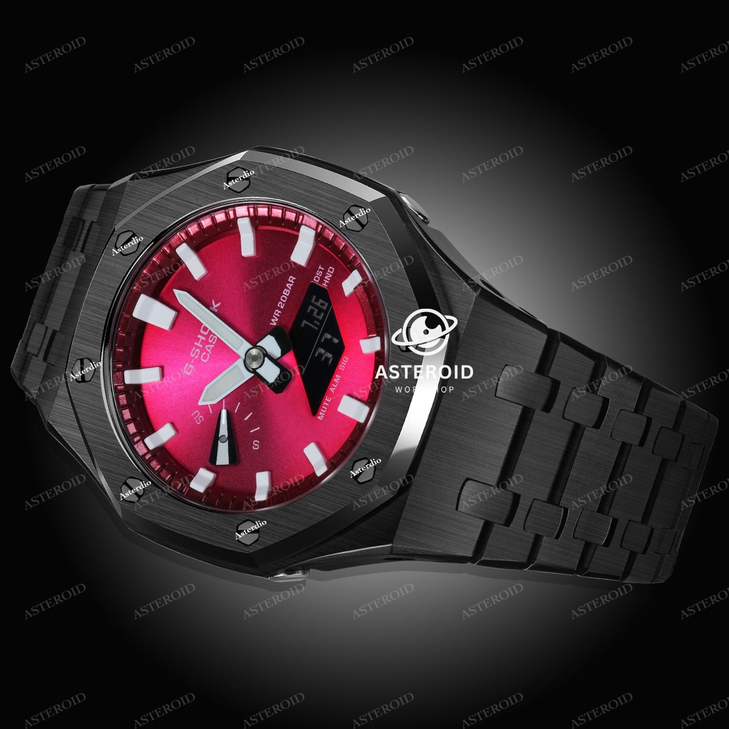 Black Case Metal Strap Red White Time Mark Red Dial