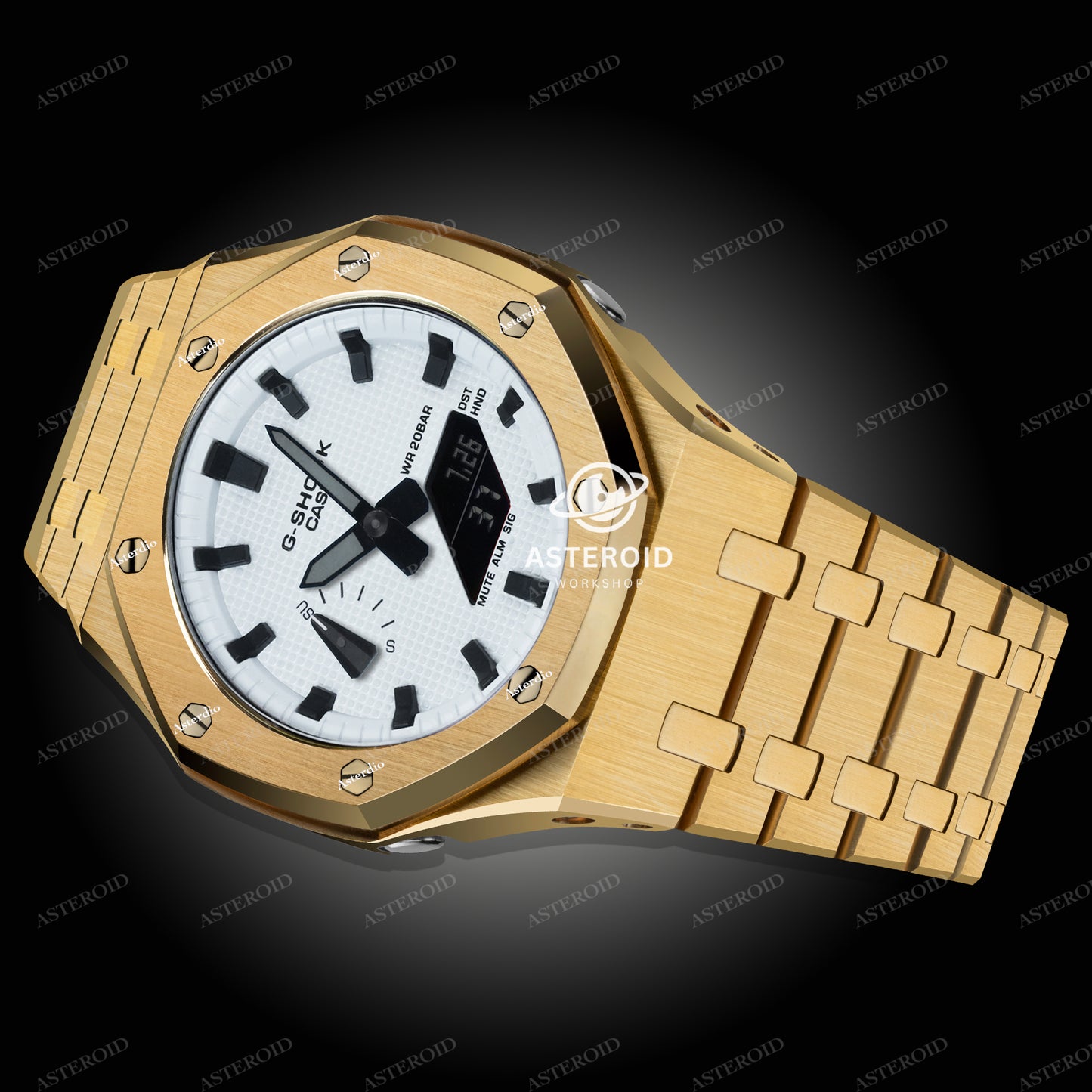Gold Case Metal Strap White Black Time Mark White Dial