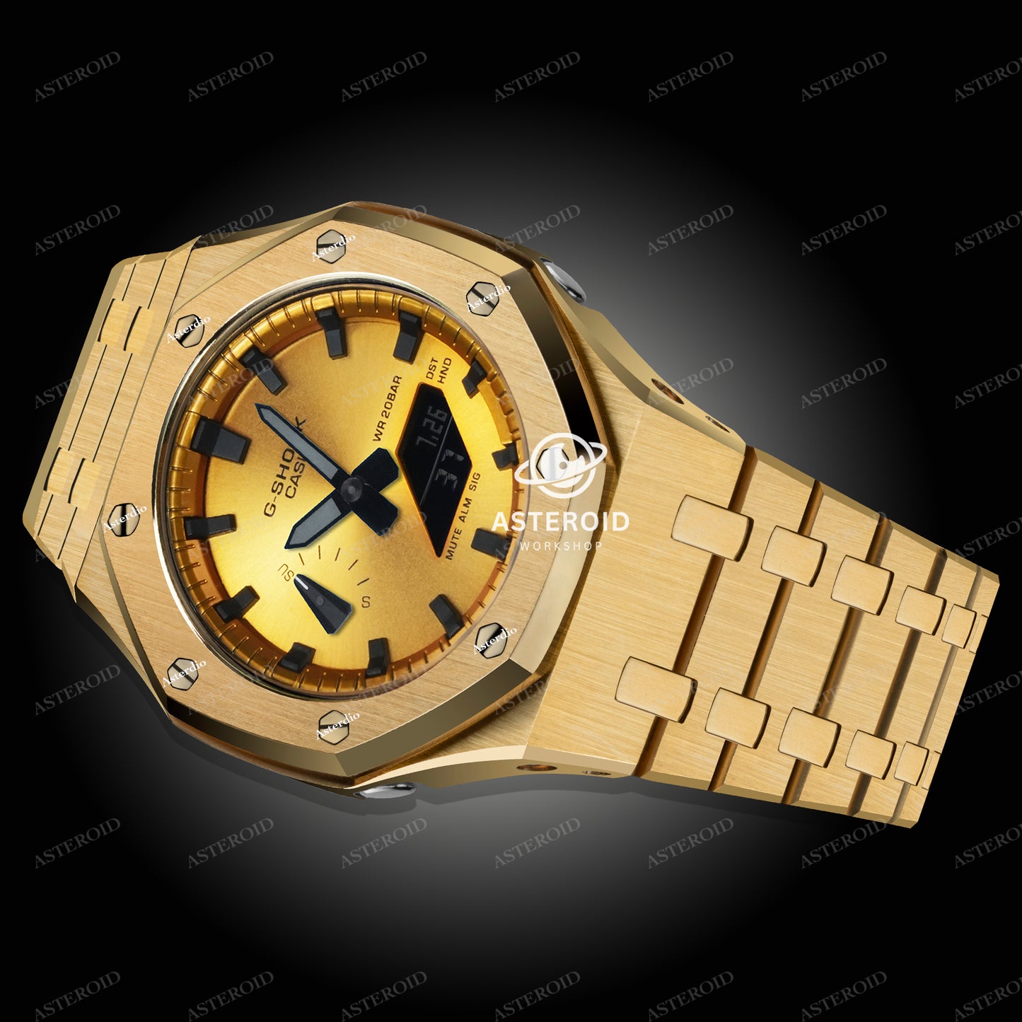 Gold Case Metal Strap Gold Black Time Mark Gold Dial