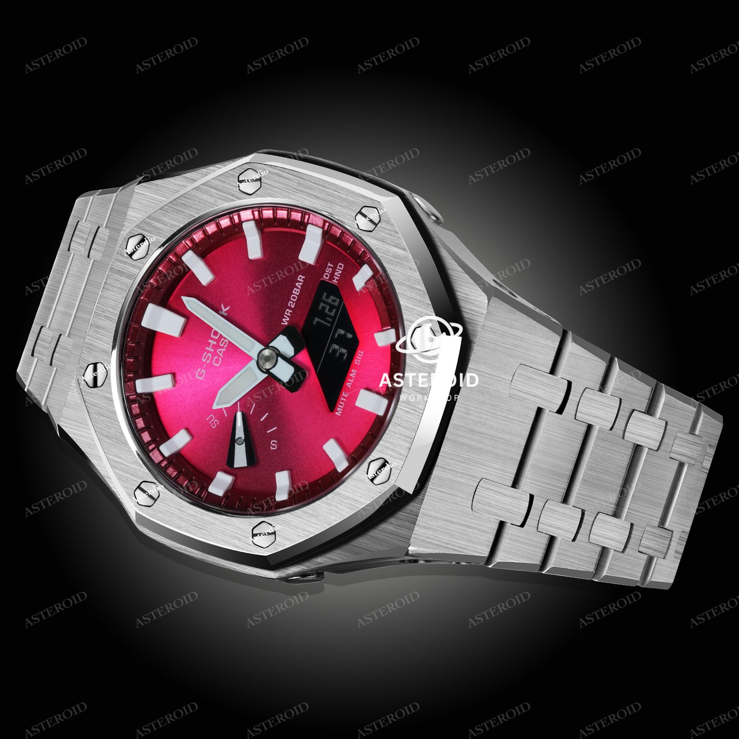 Silver Case Metal Strap Red White Time Mark Red Dial