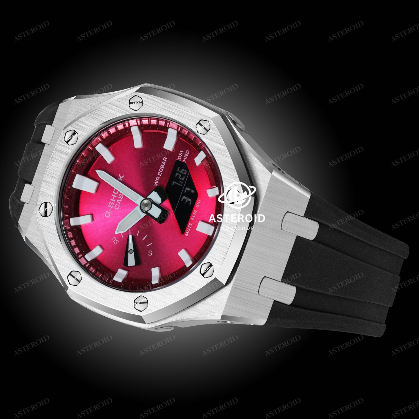 Silver Case Rubber Strap Red White Time Mark Red Dial