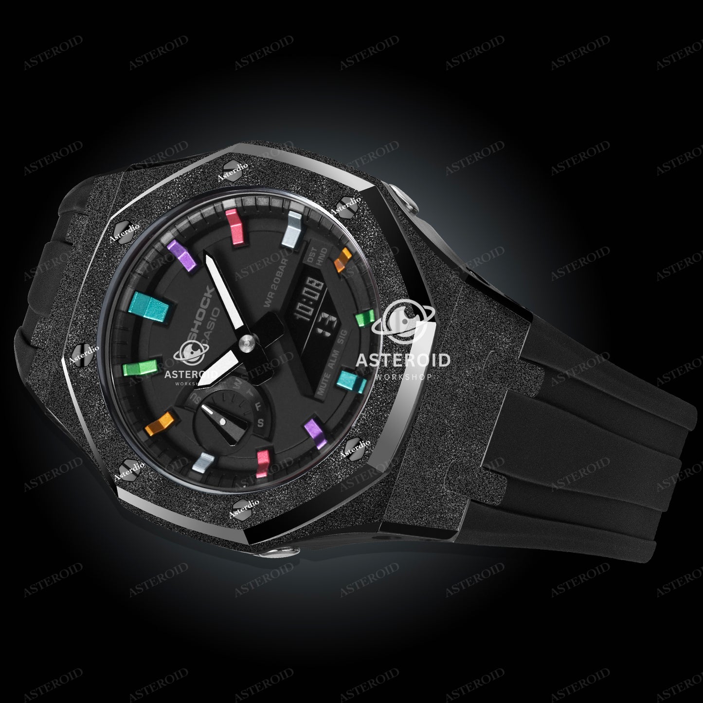 Black Frosted Case Rubber Strap Rainbow Time Mark Black Dial