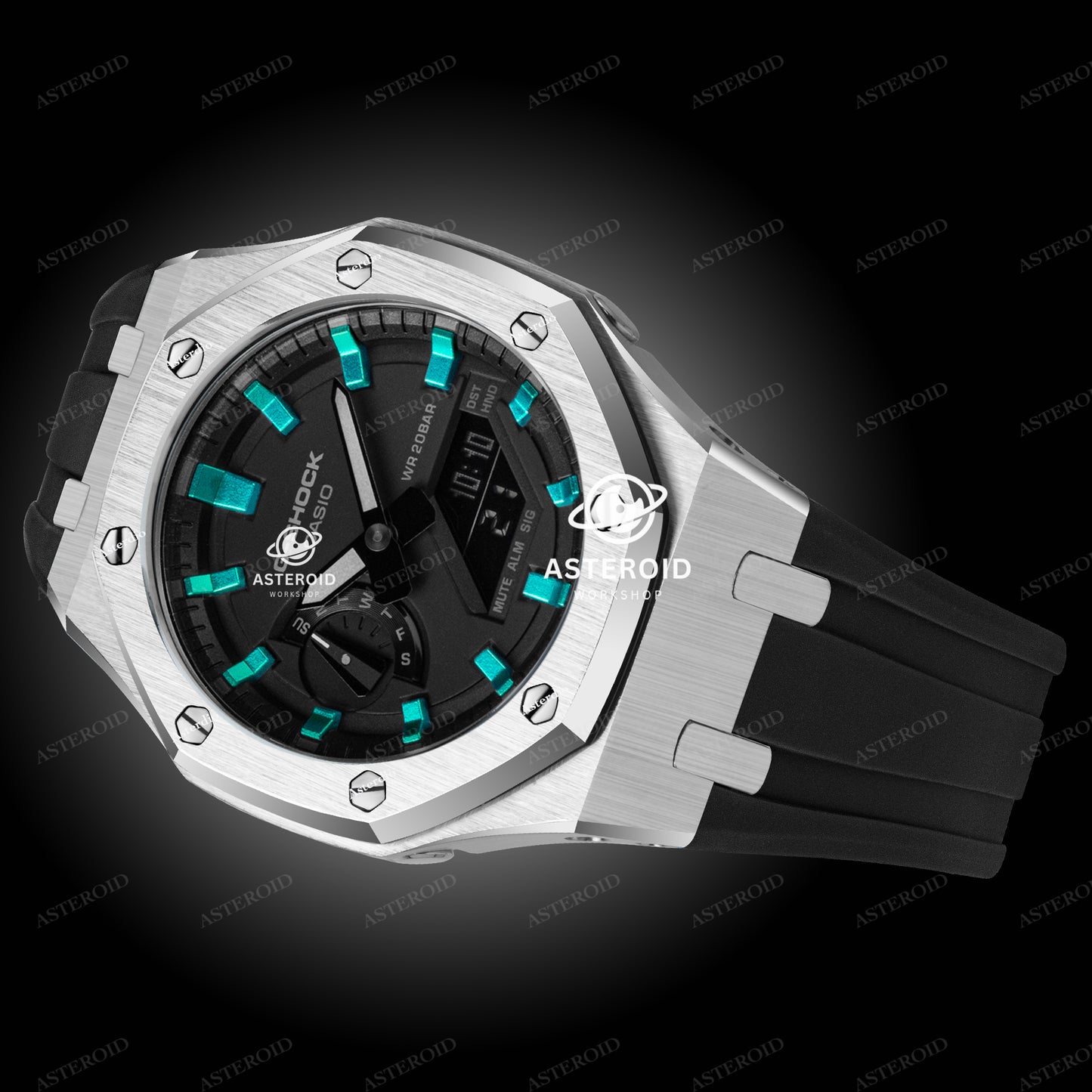 Silver Case Rubber Strap Turquoise Time Mark Black Dial