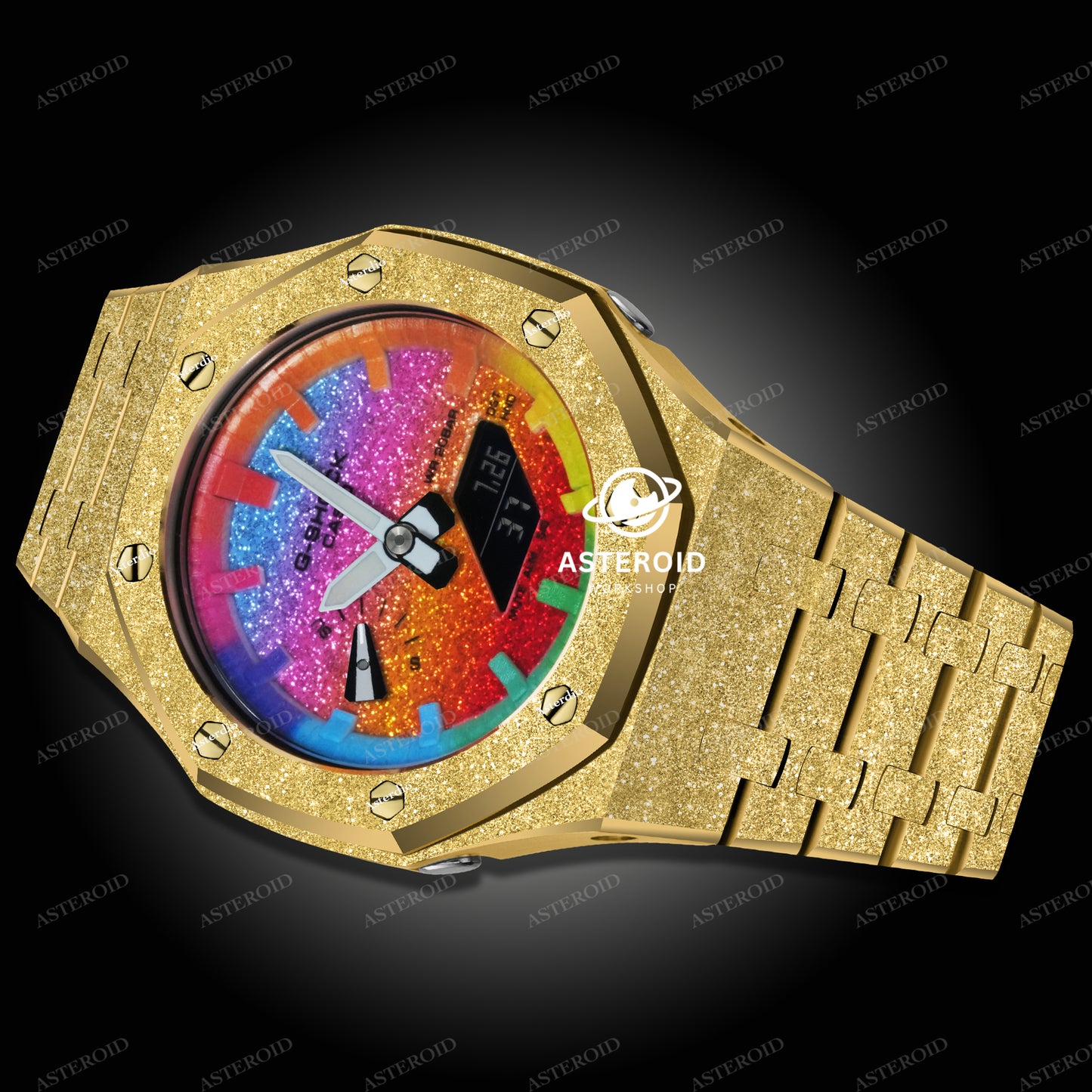 Gold Frosted Case Metal Strap Rainbow Time Mark Bling Dial