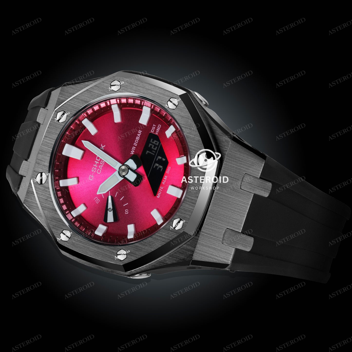 Grey Case Rubber Strap Red White Time Mark Red Dial