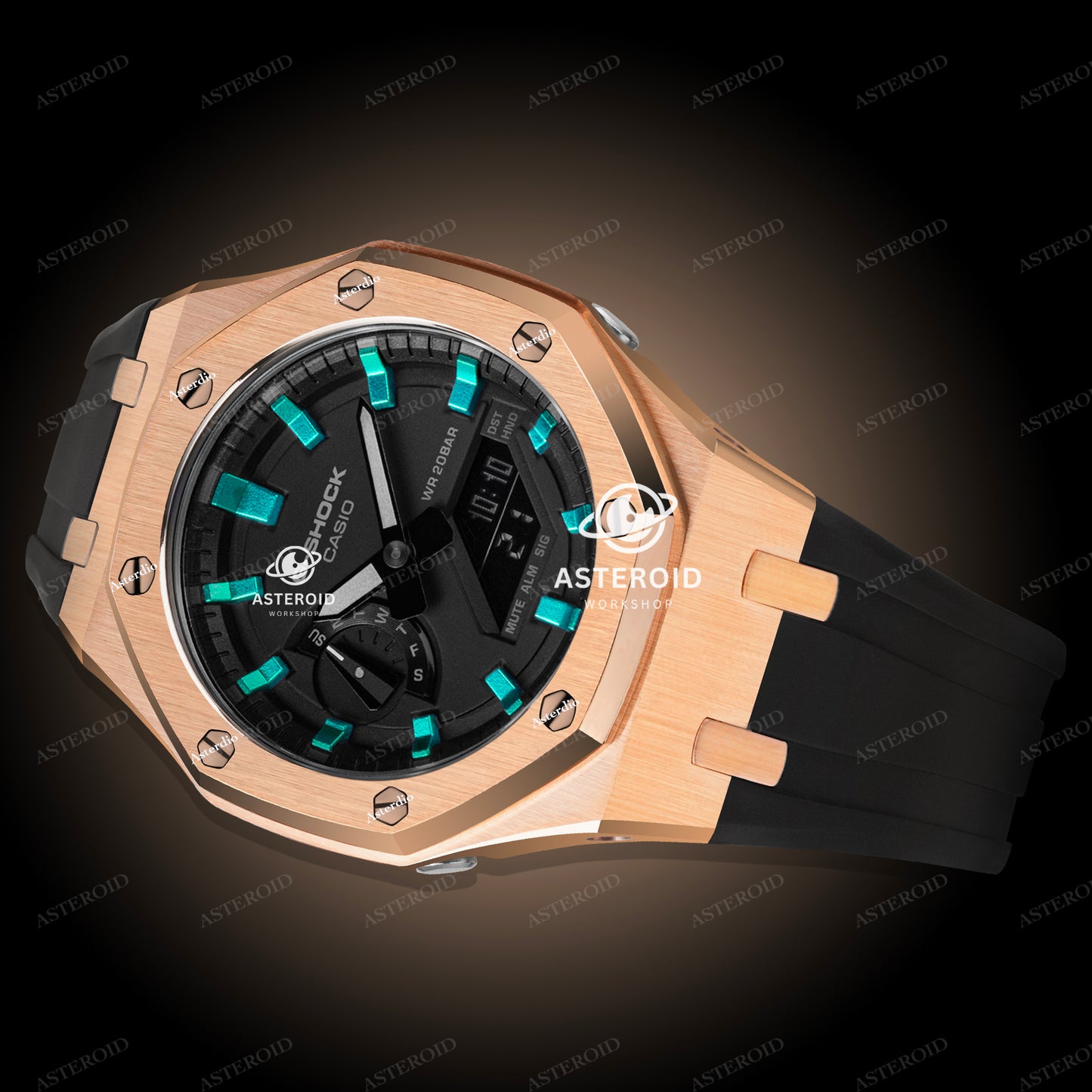 Rose Gold Case Rubber Strap Turquoise Time Mark Black Dial