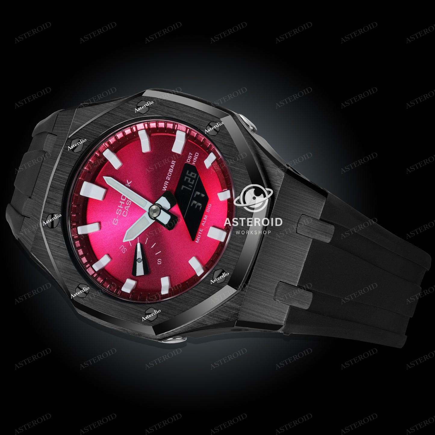 Black Case Rubber Strap Red White Time Mark Red Dial