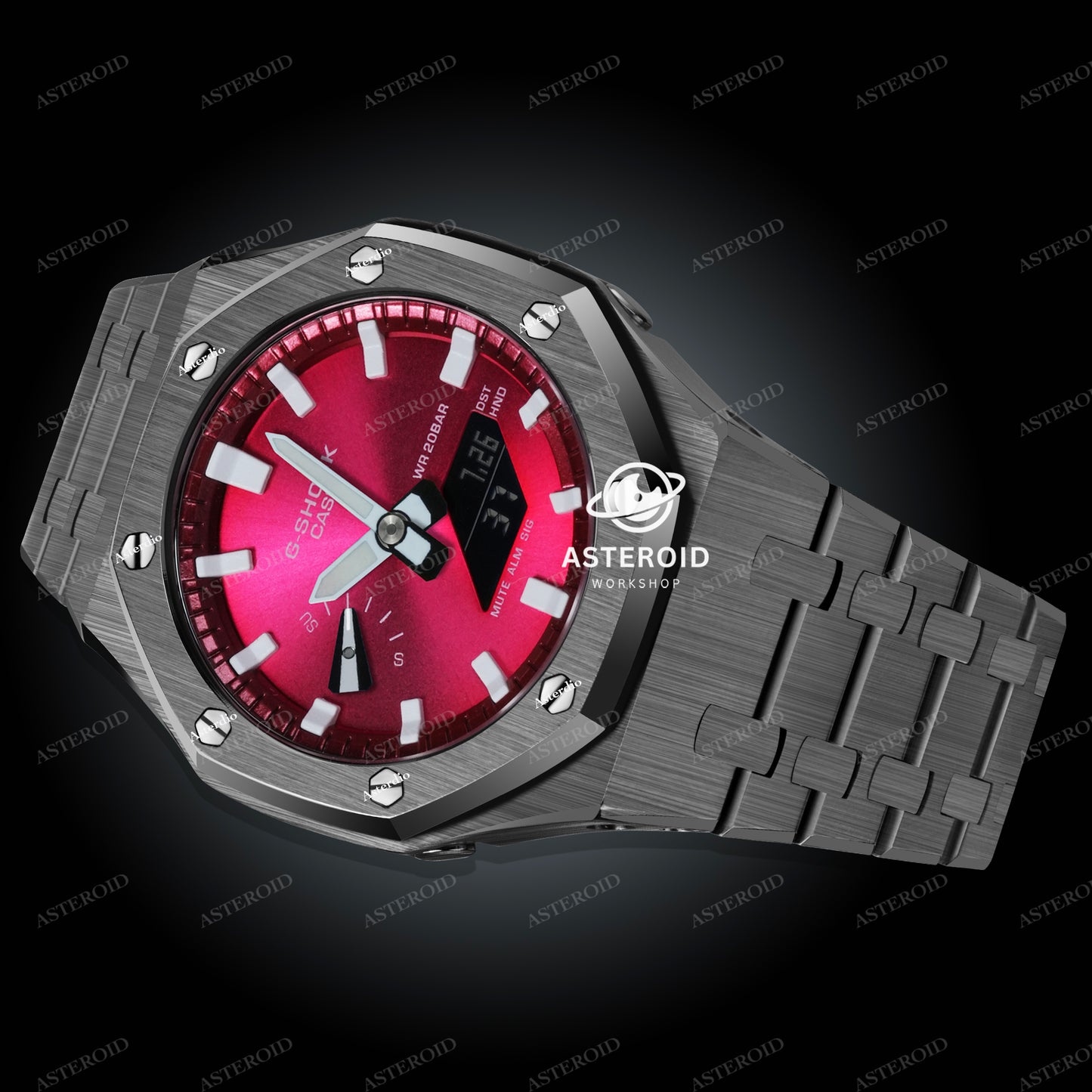 Grey Case Metal Strap Red White Time Mark Red Dial