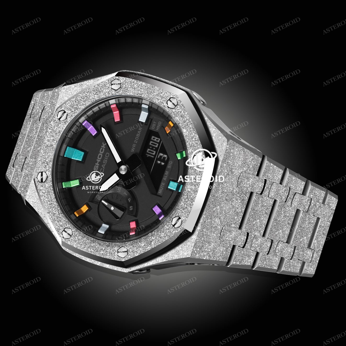 Silver Frosted Case Metal Strap Rainbow Time Mark Black Dial