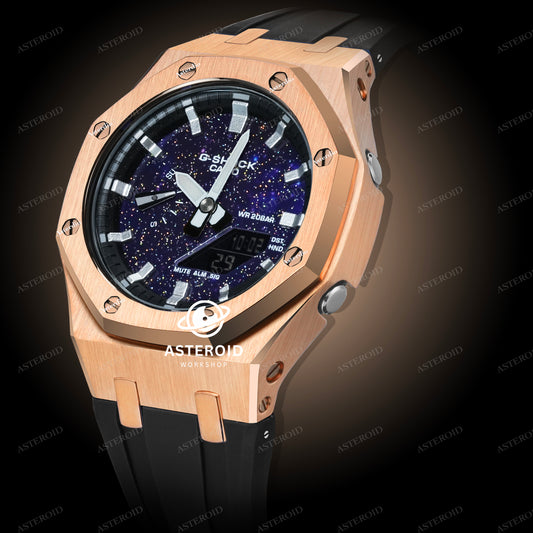 Rose Gold Case Rubber Strap Silver Time Mark Galaxy Dial