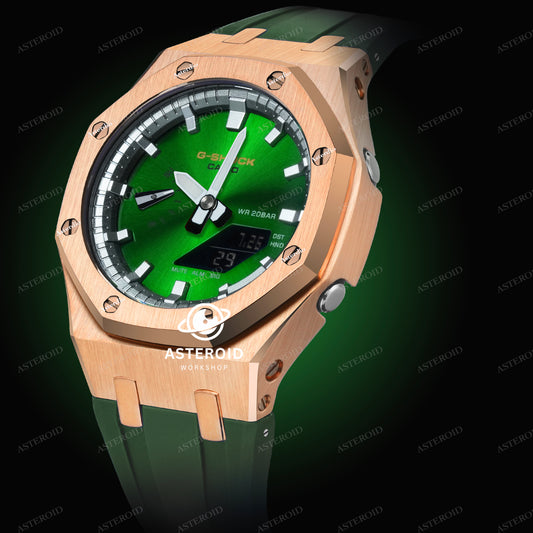 Rose Gold Case Green Strap Double Sliver Time Mark Green Dial