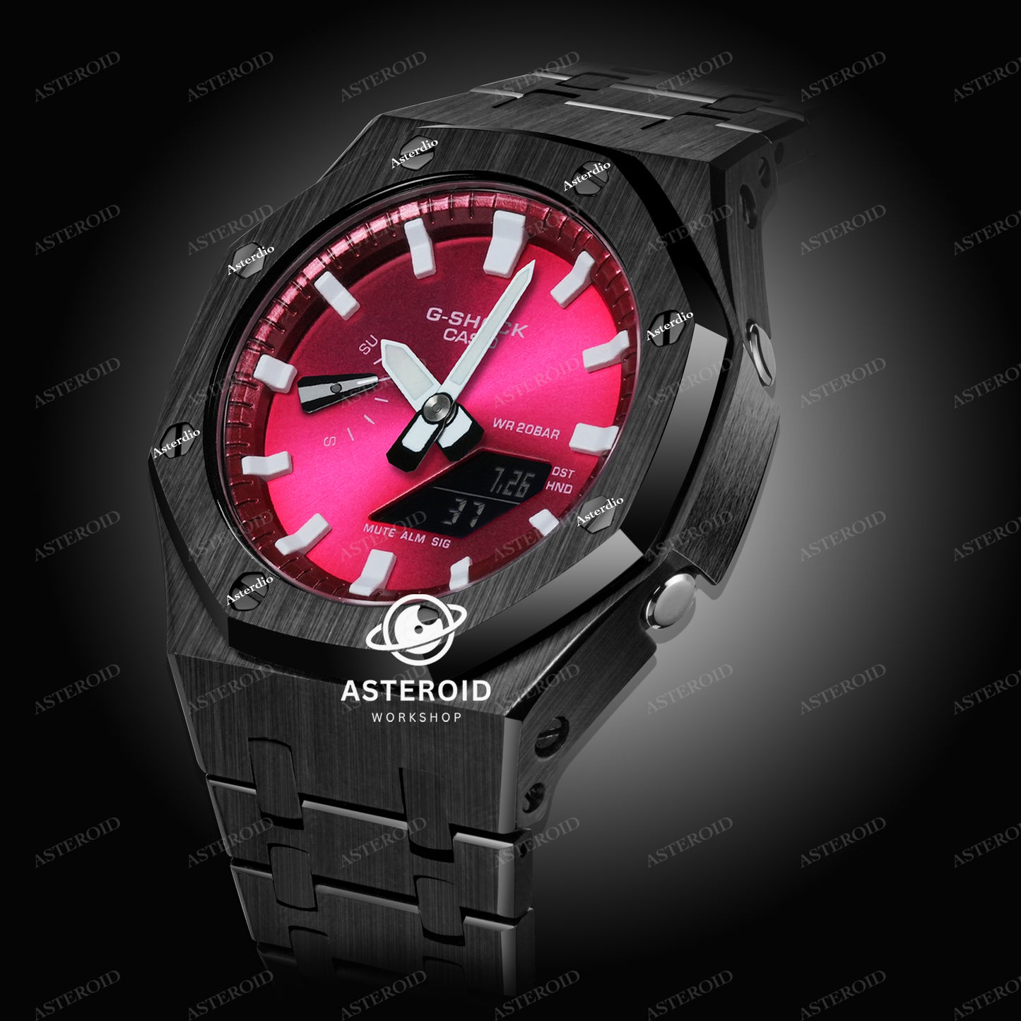 Black Case Metal Strap Red White Time Mark Red Dial