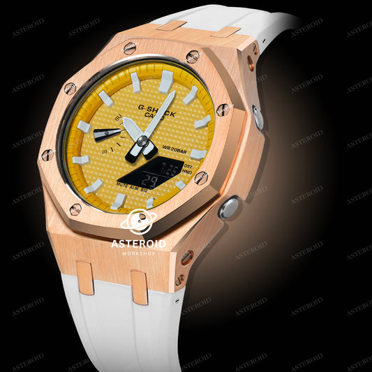 Rose Gold Case Rubber Strap Yellow White Time Mark Yellow Dial