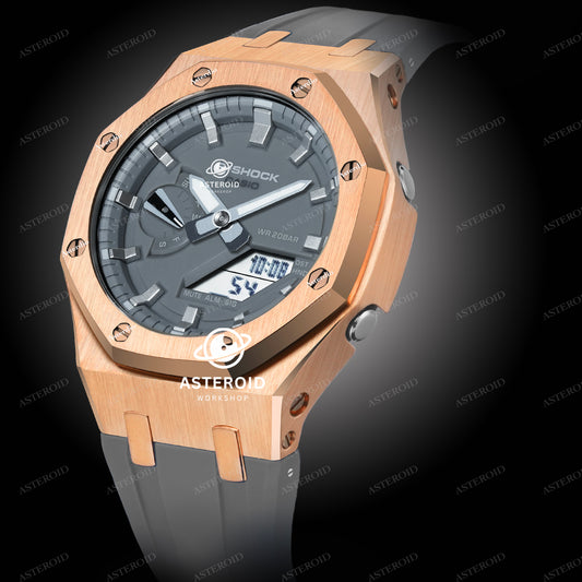 Rose Gold Case Rubber Strap Silver Time Mark Grey Dial