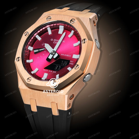 Rose Gold Case Rubber Strap Red White Time Mark Red Dial