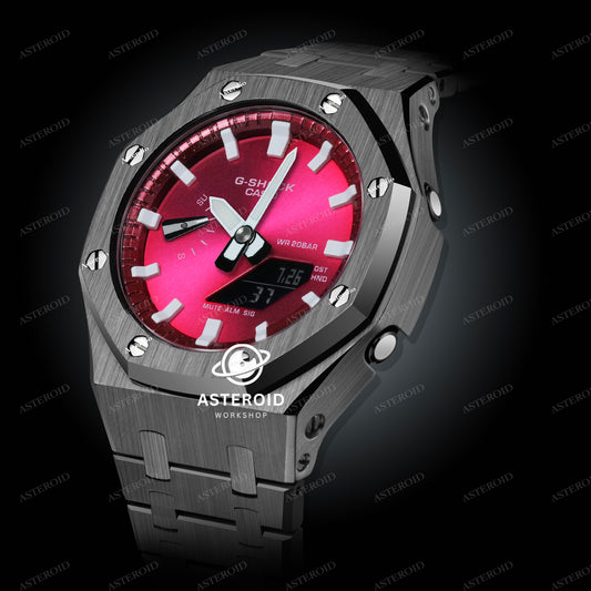 Grey Case Metal Strap Red White Time Mark Red Dial