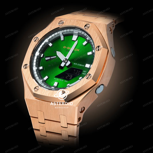 Rose Gold Case Metal Strap Double Sliver Time Mark Green Dial