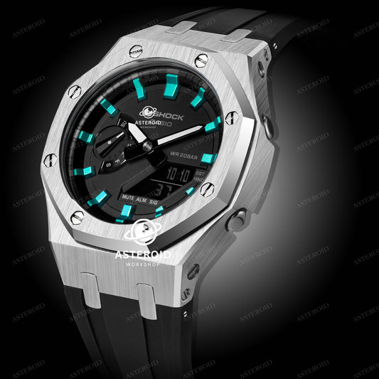 Silver Case Rubber Strap Turquoise Time Mark Black Dial