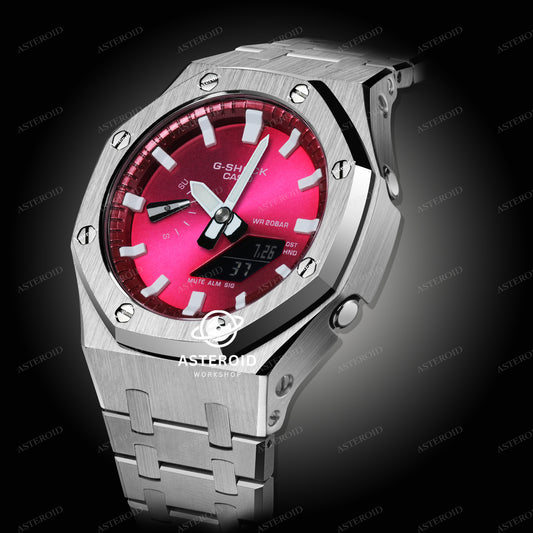 Silver Case Metal Strap Red White Time Mark Red Dial