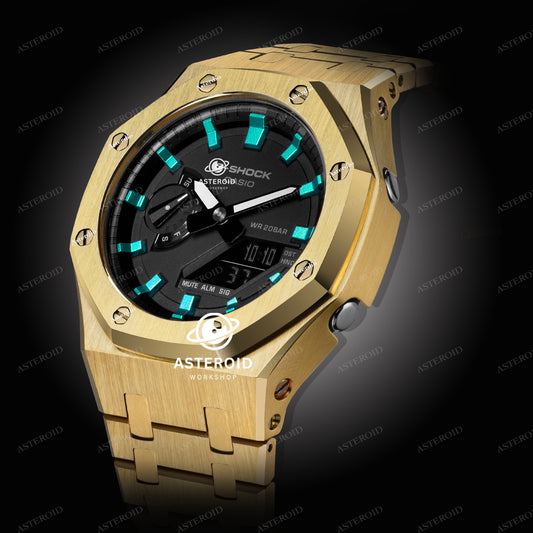Gold Case Metal Strap Turquoise Time Mark Black Dial