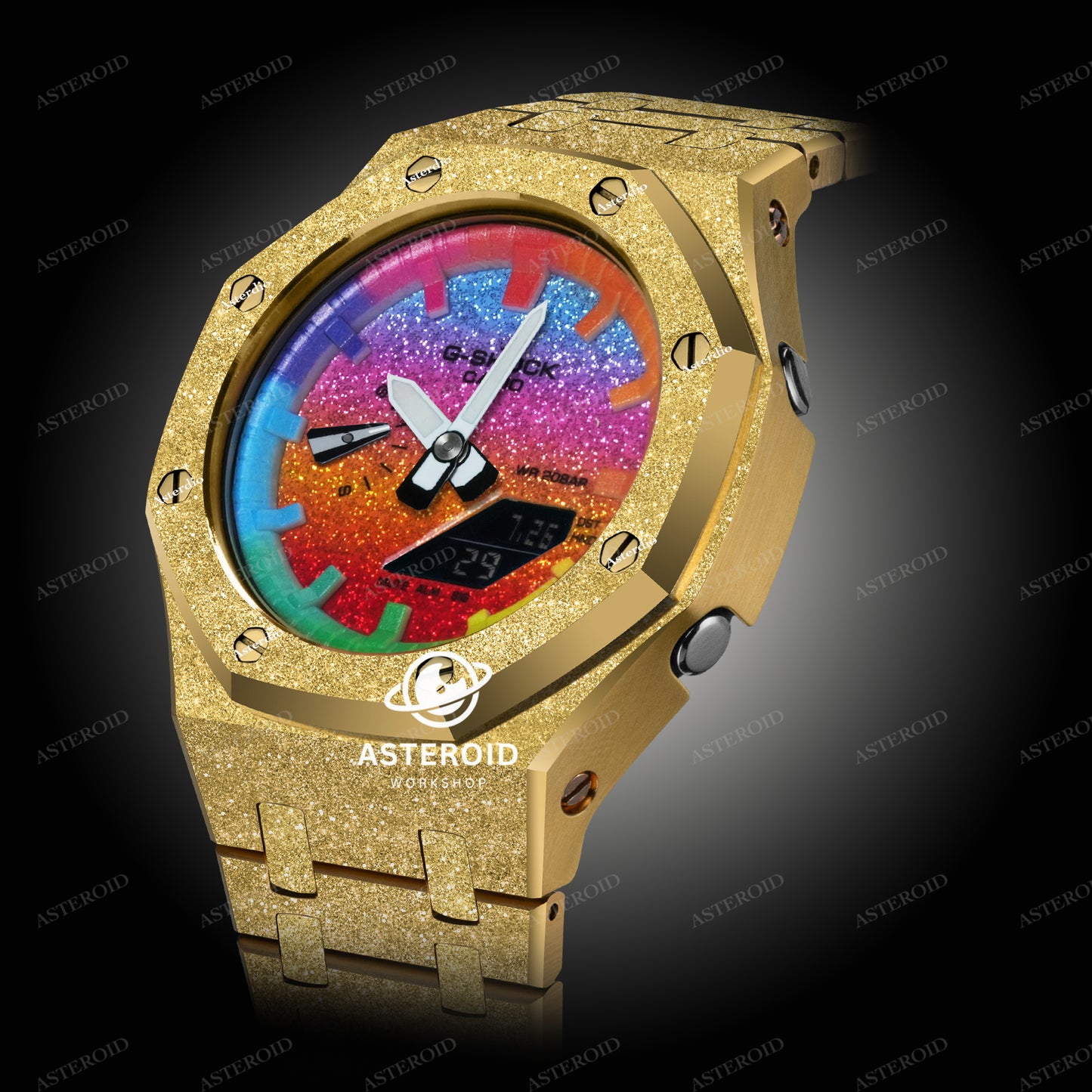 Gold Frosted Case Metal Strap Rainbow Time Mark Bling Dial