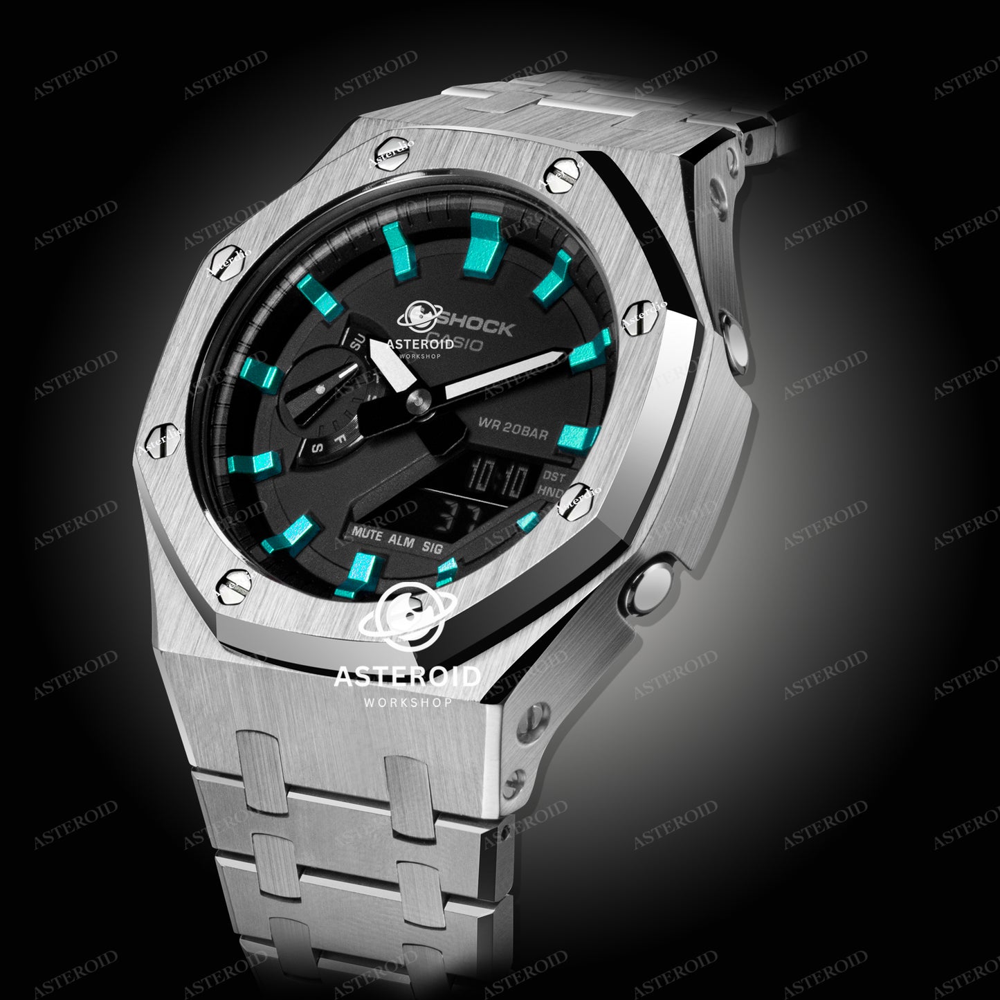 Silver Case Metal Strap Turquoise Time Mark Black Dial