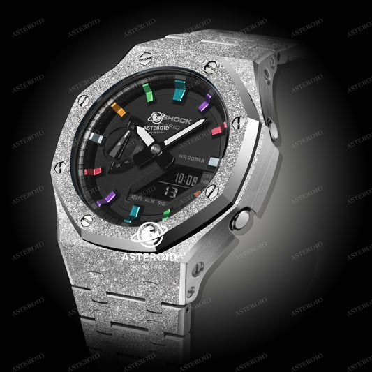 Silver Frosted Case Metal Strap Rainbow Time Mark Black Dial