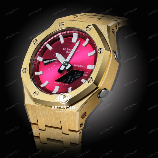 Gold Case Metal Strap Red White Time Mark Red Dial