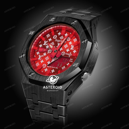 Black Case Metal Strap Red Time Mark Red Dial