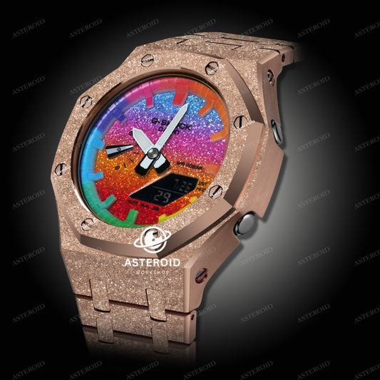 Rose Gold  Frosted Case Metal Strap Rainbow Time Mark Bling Dial